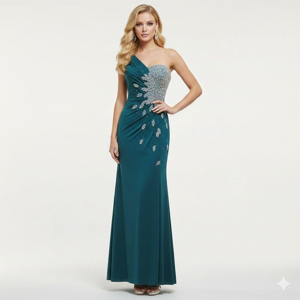 Hunter Green Romance Couture One Shoulder Jersey Grad Prom Dress RM164